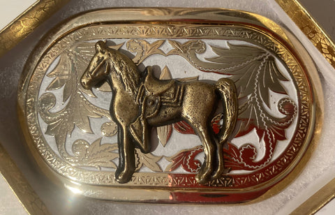 Vintage Metal Belt Buckle, Brass, Horse, Nice Western Style Design, 3 3/4" x 2 1/4", Heavy Duty, Quality, Thick Metal, Made in USA, For Belts, Fashion, Shelf Display, Western Wear, Southwest, Country, Fun, Nice