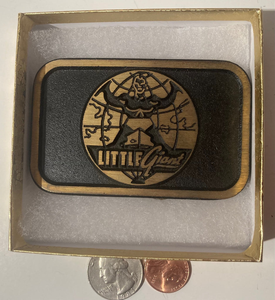 Vintage Metal Belt Buckle, Brass, Little Giant, World, Nice Western Style Design, 3 1/2" x 2 1/4", Heavy Duty, Quality, Thick Metal, Made in USA, For Belts, Fashion, Shelf Display, Western Wear, Southwest, Country, Fun, Nice