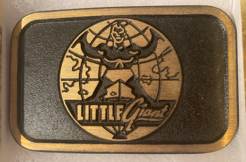 Vintage Metal Belt Buckle, Brass, Little Giant, World, Nice Western Style Design, 3 1/2" x 2 1/4", Heavy Duty, Quality, Thick Metal, Made in USA, For Belts, Fashion, Shelf Display, Western Wear, Southwest, Country, Fun, Nice