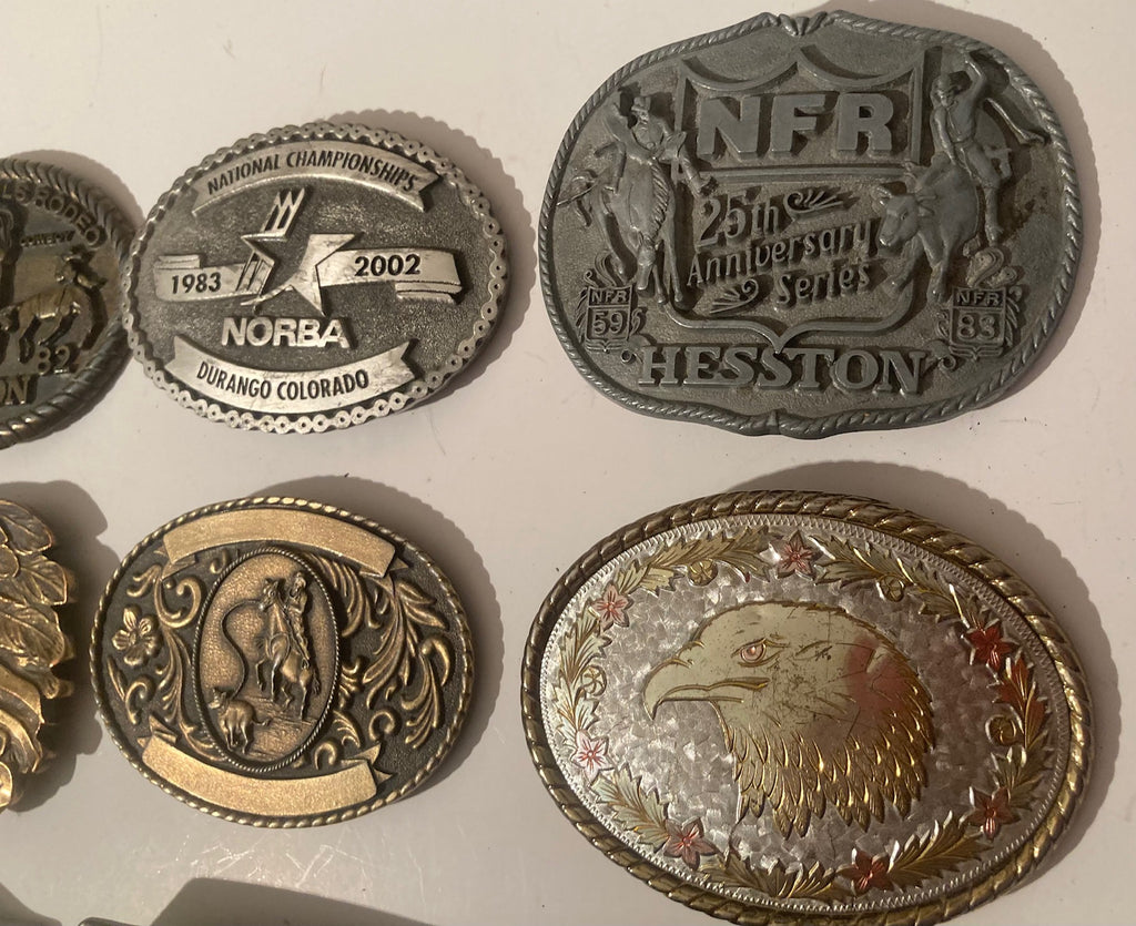 Vintage Lot of 10 Assorted Different Country and Western Wear Style Belt Buckles, Hesston, Rodeo, Indian, Deer, Country & Western, Art, Resell, For Belts, Fashion, Shelf Display, Some May Need Work, Nice Belt Buckles, Wholesale