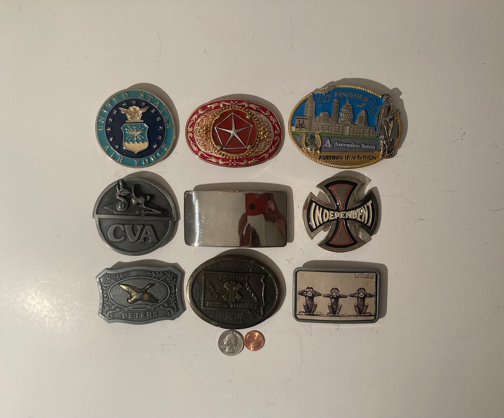 Vintage Lot of 9 Assorted Different Country and Western Wear Style Belt Buckles, Duck, Monkeys, Air Force, Country & Western, Art, Resell, For Belts, Fashion, Shelf Display, Some May Need Work, Nice Belt Buckles, Wholesale,
