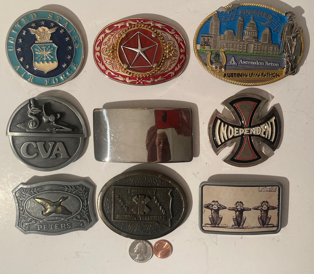 Vintage Lot of 9 Assorted Different Country and Western Wear Style Belt Buckles, Duck, Monkeys, Air Force, Country & Western, Art, Resell, For Belts, Fashion, Shelf Display, Some May Need Work, Nice Belt Buckles, Wholesale,