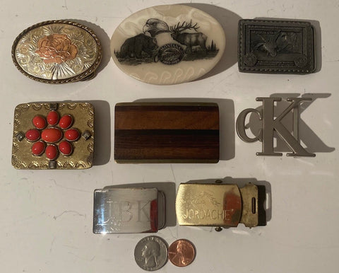 Vintage Lot of 8 Assorted Different Country and Western Wear Style Belt Buckles, Elk, CK, Jordache, Country & Western, Art, Resell, For Belts, Fashion, Shelf Display, Some May Need Work, Nice Belt Buckles, Wholesale