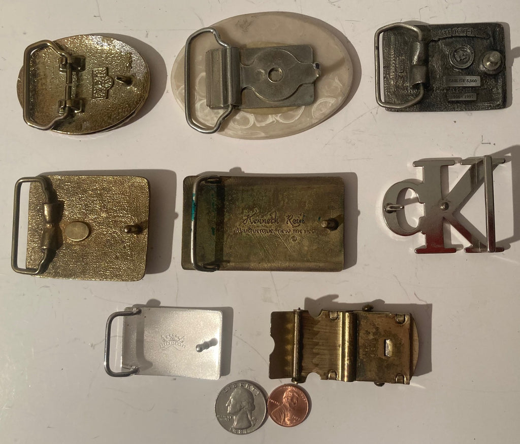 Vintage Lot of 8 Assorted Different Country and Western Wear Style Belt Buckles, Elk, CK, Jordache, Country & Western, Art, Resell, For Belts, Fashion, Shelf Display, Some May Need Work, Nice Belt Buckles, Wholesale