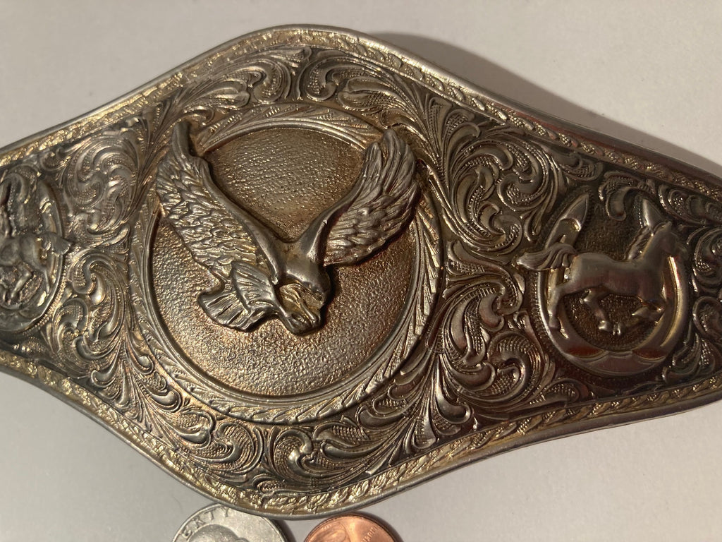 Vintage Metal Belt Buckle, Eagle, Large Size, Nice Western Design, 6 1/2" x 3 1/4", Heavy Duty, Quality, Thick Metal, Made in Mexico, For Belts, Fashion, Shelf Display, Western Wear, Southwest, Country, Fun, Nice