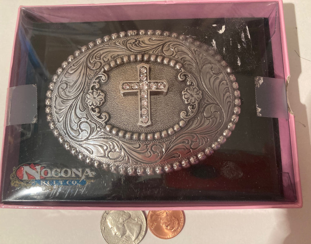 Vintage Metal Belt Buckle, Nocona, Cross, Sparkly Stones, Nice Western Design, 4" x 3", Heavy Duty, Quality, Thick Metal, Made in USA, For Belts, Fashion, Shelf Display, Western Wear, Southwest, Country, Fun, Nice