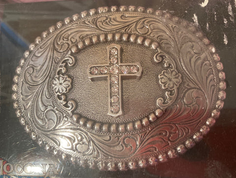 Vintage Metal Belt Buckle, Nocona, Cross, Sparkly Stones, Nice Western Design, 4" x 3", Heavy Duty, Quality, Thick Metal, Made in USA, For Belts, Fashion, Shelf Display, Western Wear, Southwest, Country, Fun, Nice