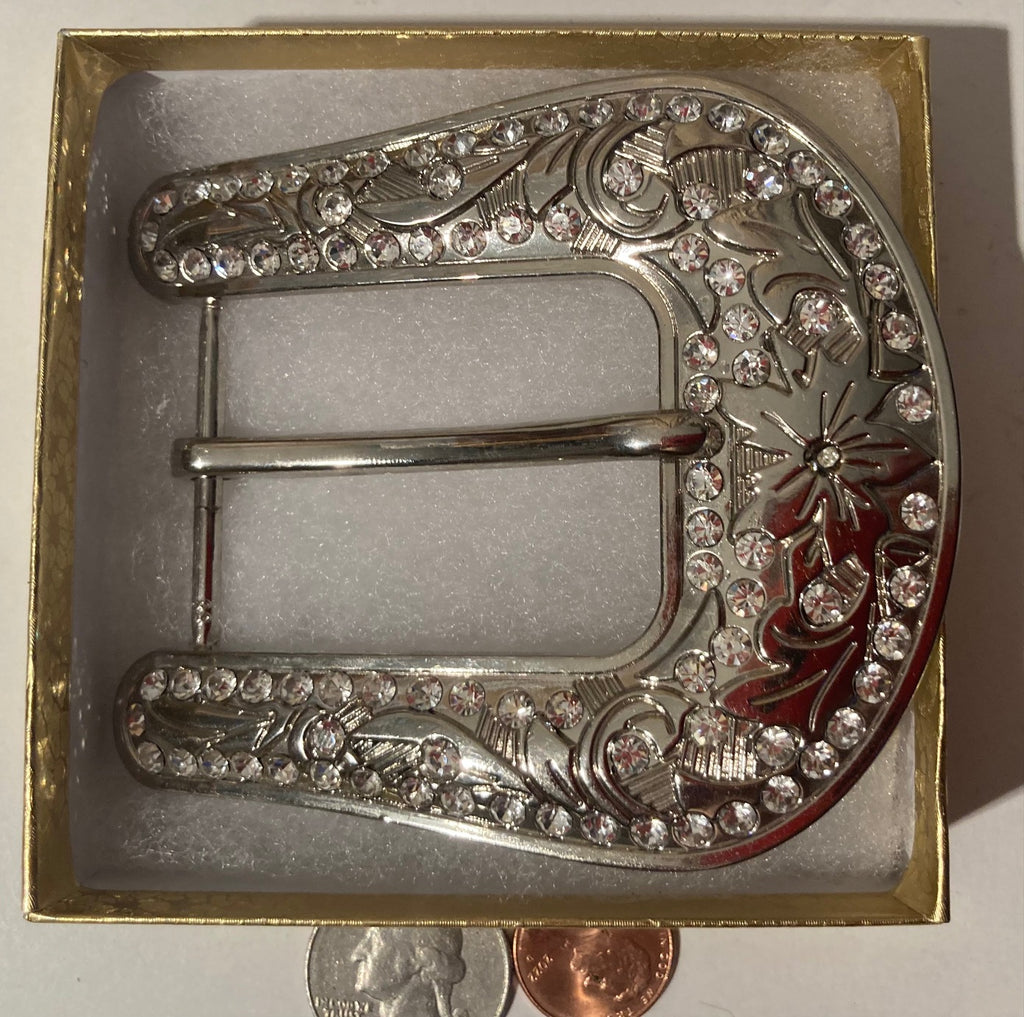 Vintage Metal Belt Buckle, Crystals, Bling, Nice Western Style Design, 3 3/4" x 3", Heavy Duty, Quality, Thick Metal, Made in USA, For Belts, Fashion, Shelf Display, Western Wear, Southwest, Country, Fun, Nice,