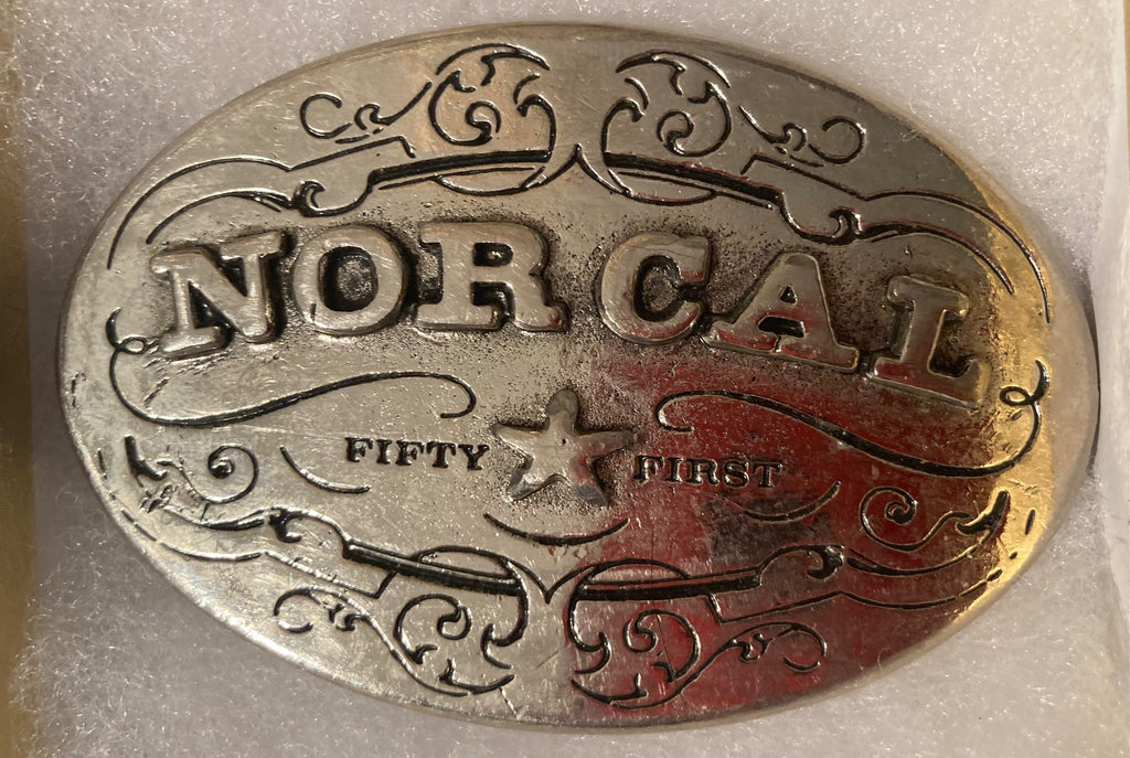 Vintage Metal Belt Buckle, NorCal Fifty First, Nice Western Style Design, 3 1/2" x 2 1/4", Heavy Duty, Quality, Thick Metal, Made in USA, For Belts, Fashion, Shelf Display, Western Wear, Southwest, Country, Fun, Nice,