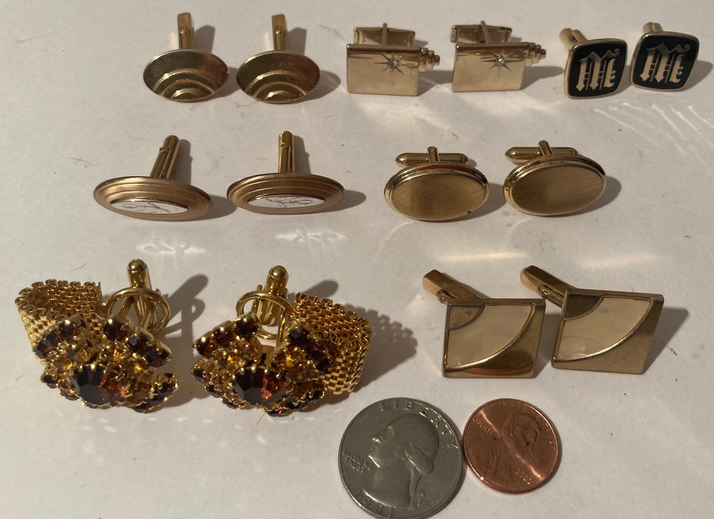 Vintage Lot of 7 Sets of Brass Cufflinks, Nice Designs, Shell, Horseshoe, Quality, Heavy Duty, Made in USA, Country & Western, Cowboy, Western Wear, Horse, Apparel, Accessory, Tie, Nice Quality Fashion, Wholesale