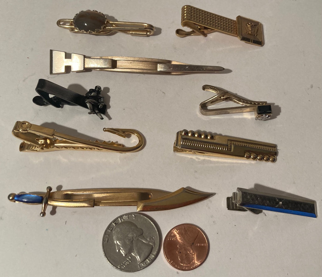 9 Vintage Tie Clips, Brass, Quality, Heavy Duty, Made in USA, Country & Western, Cowboy, Western Wear, Apparel, Accessory, Nice Quality Fashion