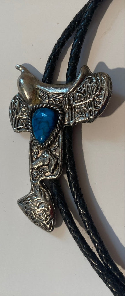Vintage Metal Bolo Tie, Silver with Nice Blue Turquoise Stone Design, Saddle, Horse, Heavy Duty, Made in USA, Country & Western, Cowboy, Western Wear, Horse, Apparel, Accessory, Tie, Nice Quality Fashion