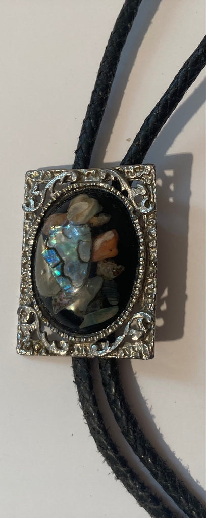 Vintage Metal Bolo Tie, Silver with Nice Abalone and More Nice Design, 2" x 1 1/2", Heavy Duty, Made in USA, Country & Western, Cowboy, Western Wear, Horse, Apparel, Accessory, Tie, Nice Quality Fashion,