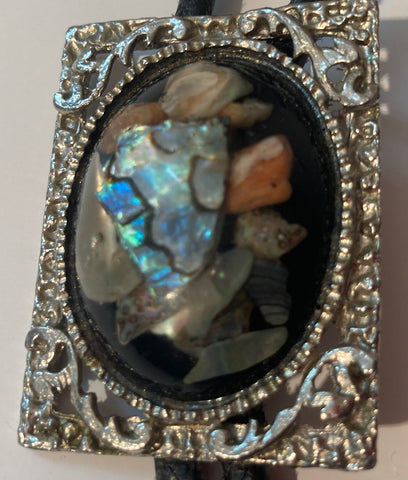 Vintage Metal Bolo Tie, Silver with Nice Abalone and More Nice Design, 2" x 1 1/2", Heavy Duty, Made in USA, Country & Western, Cowboy, Western Wear, Horse, Apparel, Accessory, Tie, Nice Quality Fashion,