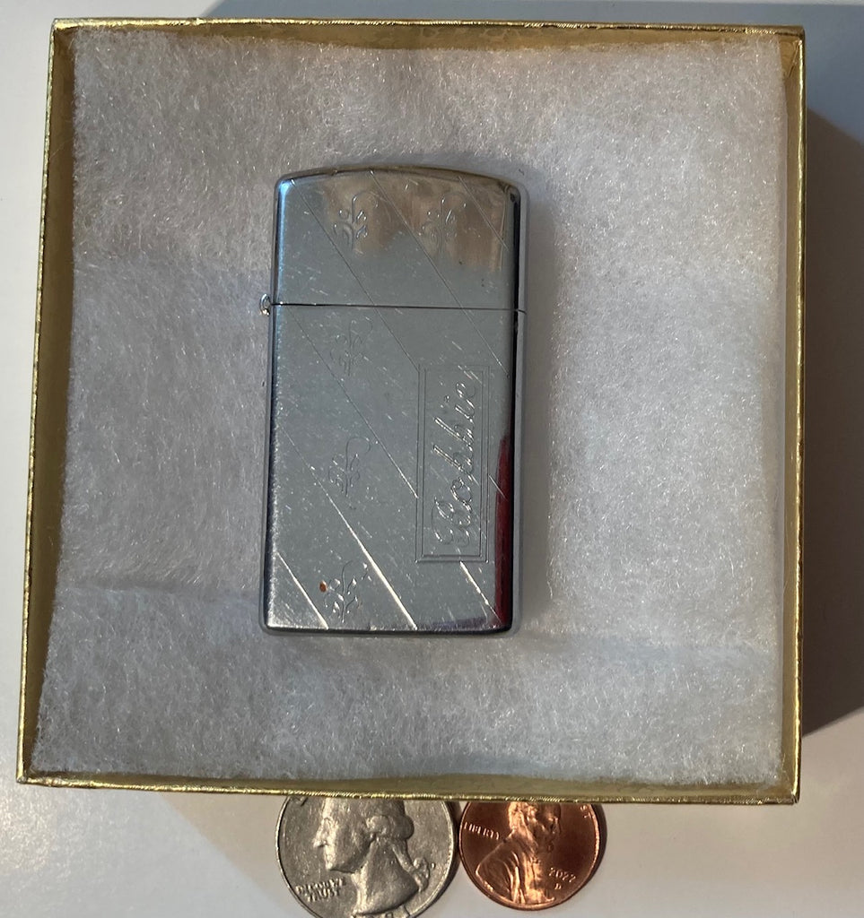 Vintage Metal Zippo Lighter, Slim, Bobbie, Robert, Nice Double Sided Etched Design