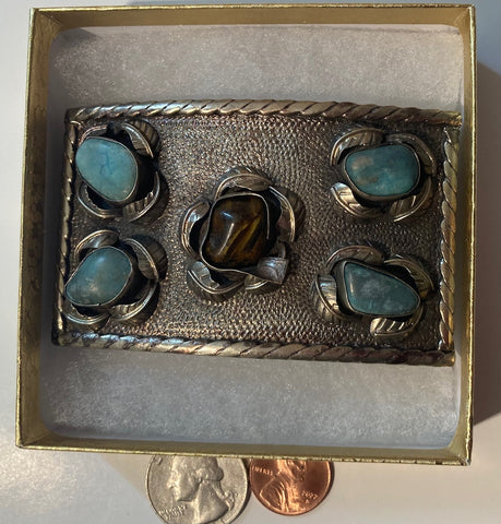 Vintage Metal Belt Buckle, Alpaca Silver and Turquoise Stone Design, , Nice Western Style Design, 3 1/4" x 2", Heavy Duty, Quality, Thick Metal, For Belts, Fashion, Shelf Display, Western Wear, Southwest, Country, Fun,