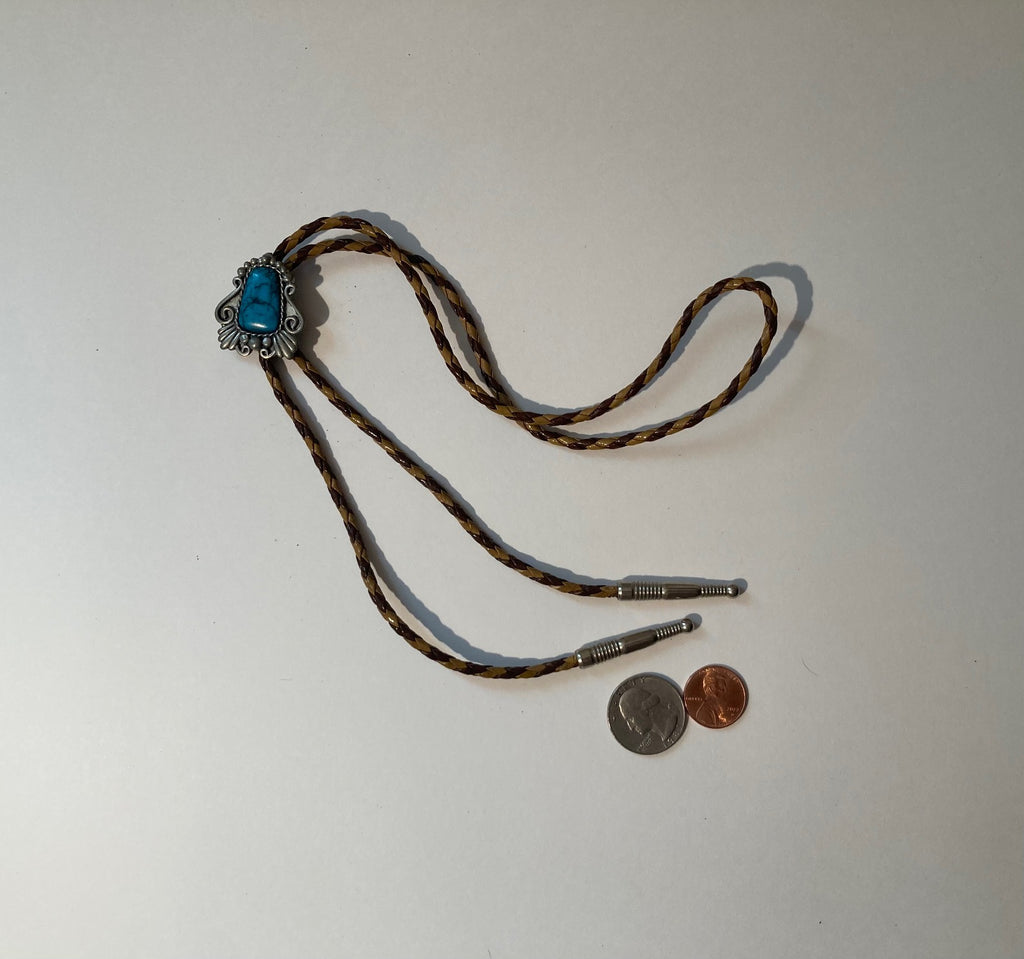Vintage Metal Bolo Tie, Nice Blue Turquoise Stone, Nice Western Design, Quality, Heavy Duty, Made in USA, Country & Western, Cowboy, Western Wear, Horse, Apparel, Accessory, Tie, Nice Quality Fashion