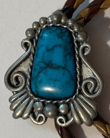 Vintage Metal Bolo Tie, Nice Blue Turquoise Stone, Nice Western Design, Quality, Heavy Duty, Made in USA, Country & Western, Cowboy, Western Wear, Horse, Apparel, Accessory, Tie, Nice Quality Fashion