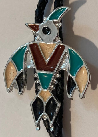 Vintage Metal Bolo Tie, Colorful, Thunderbird, Native Design, 2 1/4" x 1 1/4", Nice Western Design, Quality, Heavy Duty, Made in USA, Country & Western, Cowboy, Western Wear, Horse, Apparel, Accessory, Tie, Nice Quality Fashion,