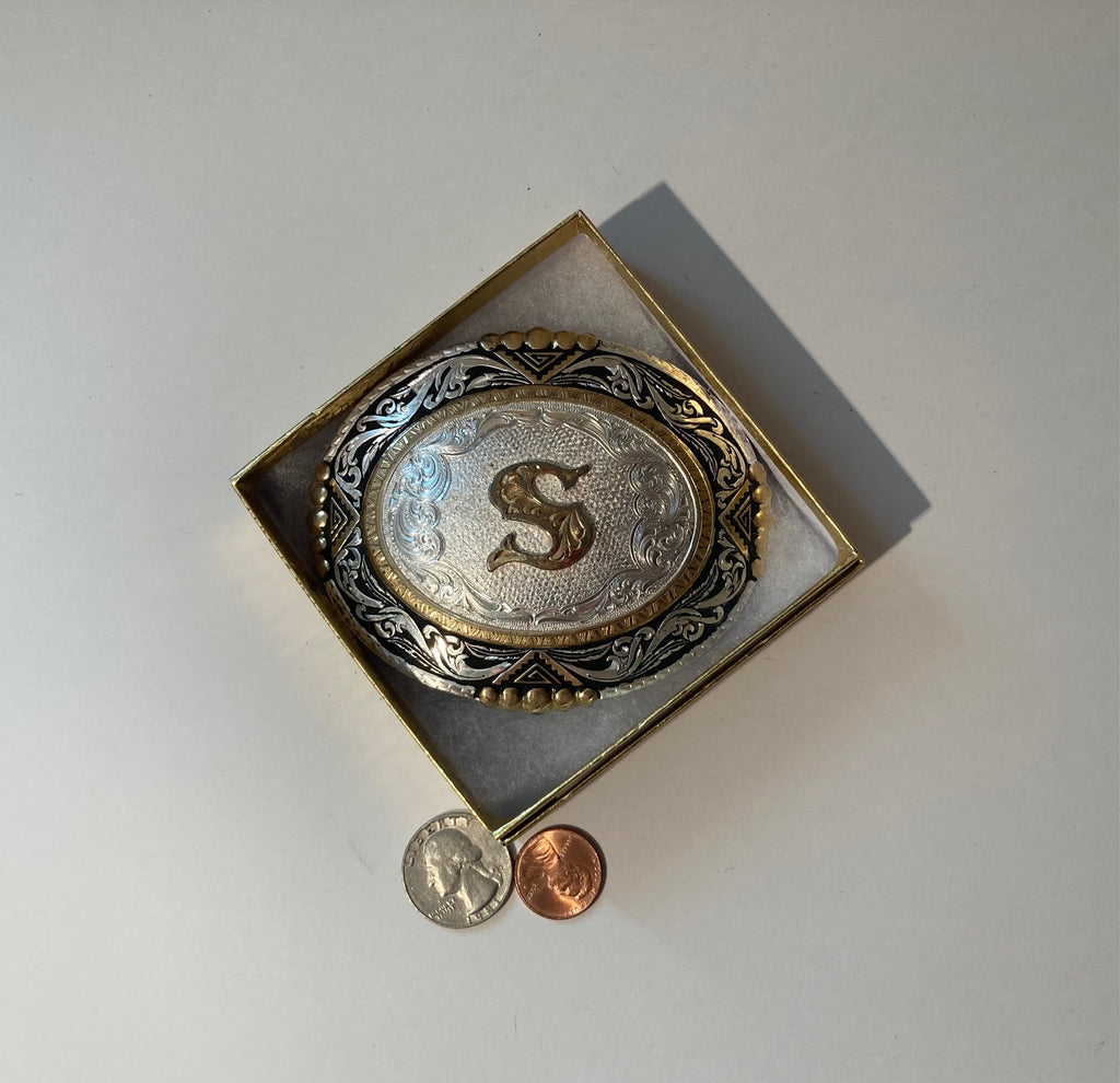 Vintage Metal Belt Buckle, Silver and Brass, Montana SIlversmiths, Letter S, Intial S, Nice Western Design, 3 3/4" x 3", Heavy Duty, Quality, Thick Metal, Made in USA, For Belts, Fashion, Shelf Display, Western Wear, Southwest, Country, Fun, Nice