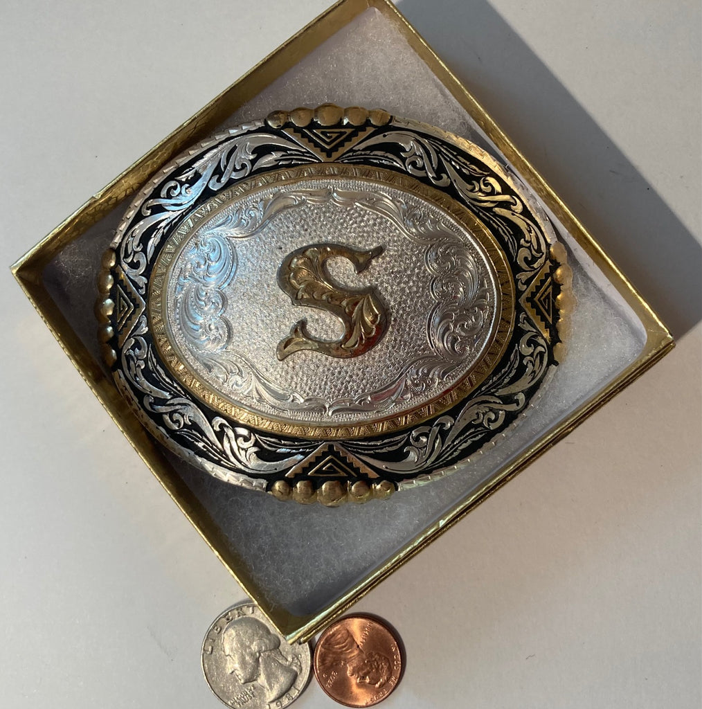 Vintage Metal Belt Buckle, Silver and Brass, Montana SIlversmiths, Letter S, Intial S, Nice Western Design, 3 3/4" x 3", Heavy Duty, Quality, Thick Metal, Made in USA, For Belts, Fashion, Shelf Display, Western Wear, Southwest, Country, Fun, Nice