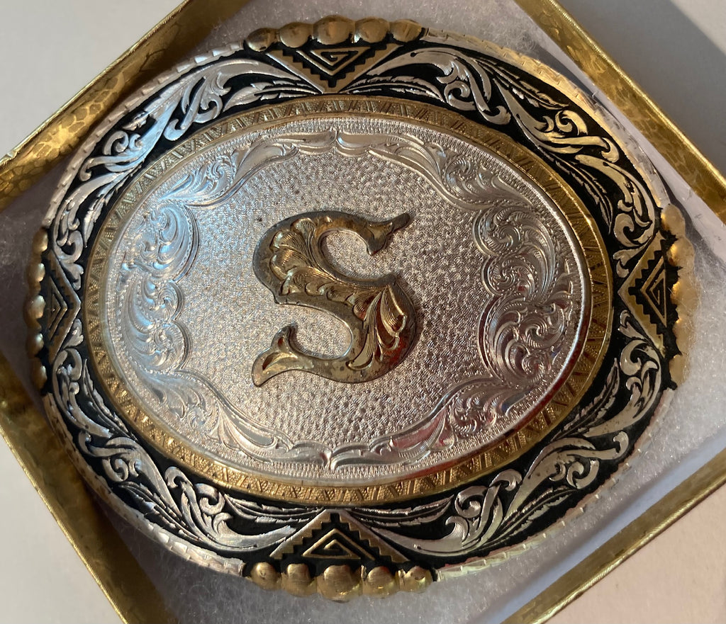 Vintage Metal Belt Buckle, Silver and Brass, Montana SIlversmiths, Letter S, Intial S, Nice Western Design, 3 3/4" x 3", Heavy Duty, Quality, Thick Metal, Made in USA, For Belts, Fashion, Shelf Display, Western Wear, Southwest, Country, Fun, Nice