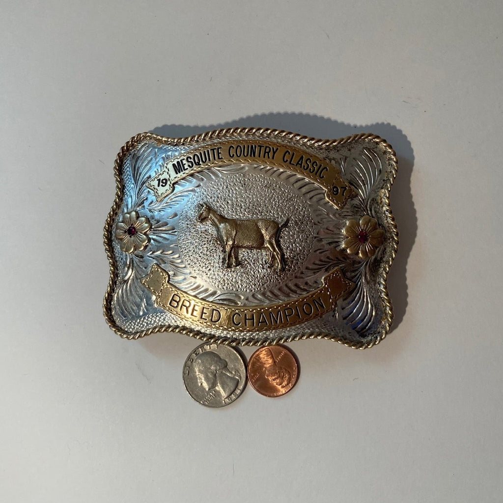 Vintage 1997 Metal Belt Buckle, Silver and Brass, Mesquite Country Classic,