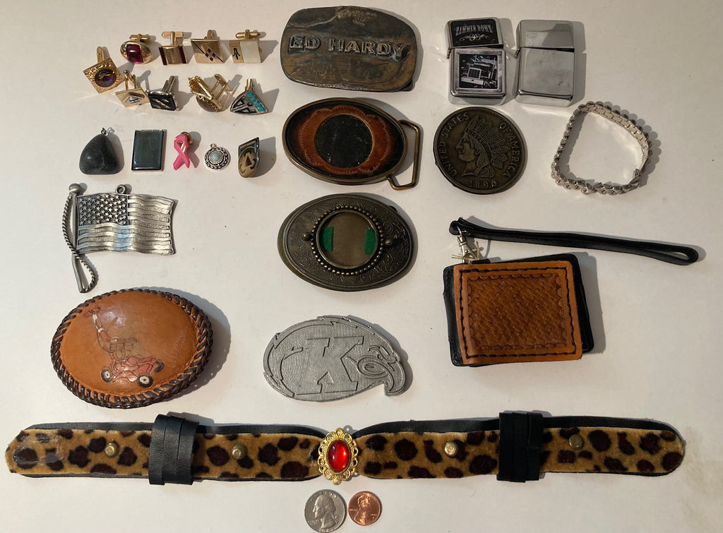 Vintage Grandpa's Box of Stuff, Lighters, Belt Buckles, Bolo Ties, More, Western