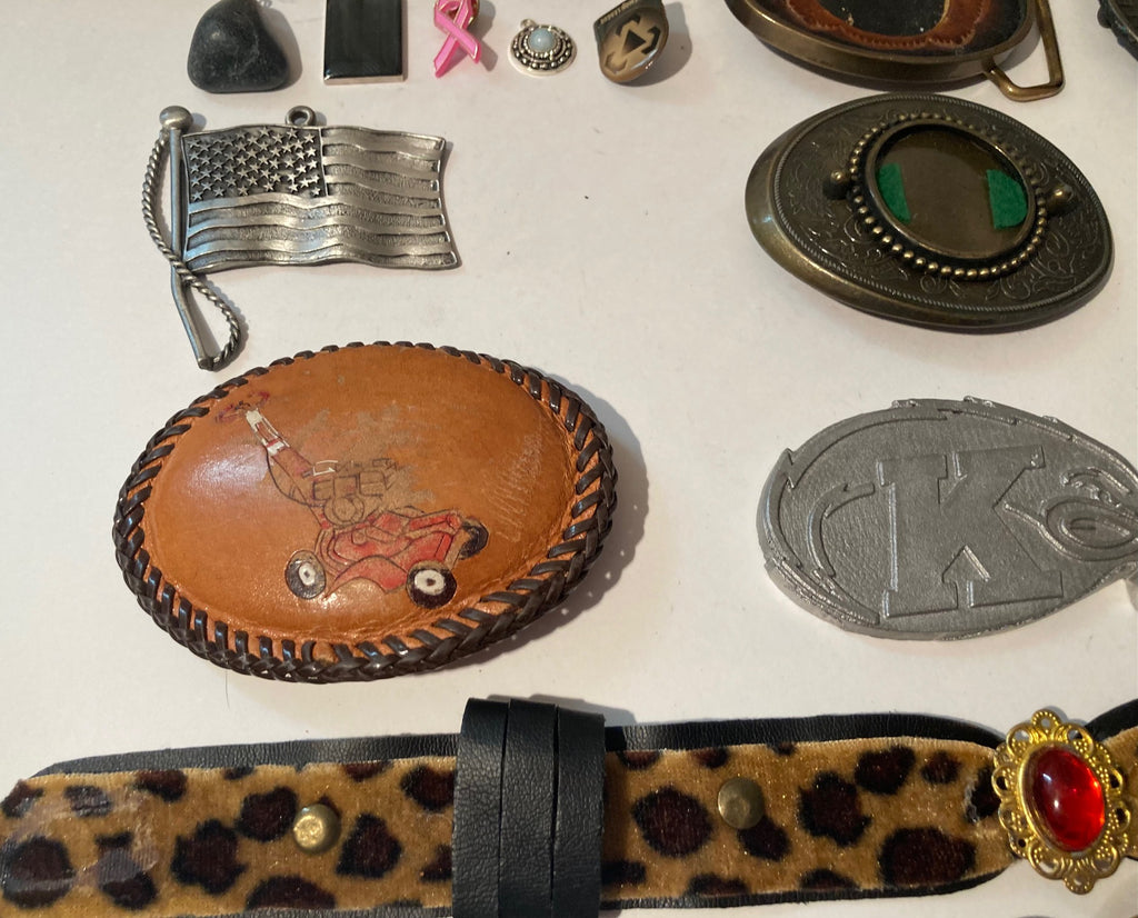 Vintage Grandpa's Box of Stuff, Lighters, Belt Buckles, Bolo Ties, More, Western