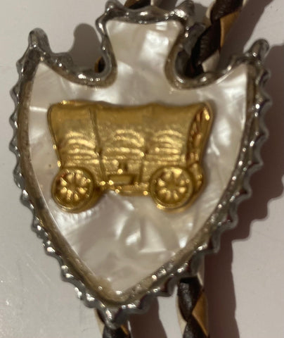 Vintage Metal Bolo Tie, Brass, Wagon, Mother of Pearl, Nice Western Design, Quality, Heavy Duty, Made in USA, Country & Western, Cowboy, Western Wear, Horse, Apparel, Accessory, Tie, Nice Quality Fashion