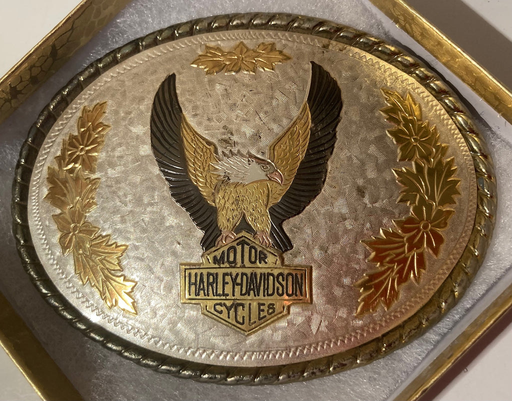 Vintage Metal Belt Buckle, Harley Davidson, Biker, Motorcycle, Fatboy, Sportster, Nice Western Design, 3 3/4", x 2 3/4", Country and Western, Heavy Duty, Made in USA, Fashion, Belts, Shelf Display, Collectible Belt Buckle