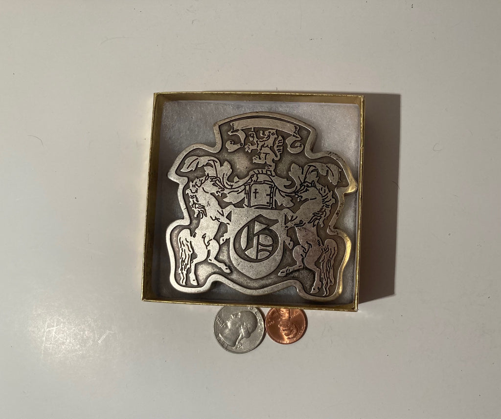Vintage Metal Belt Buckle, Horses, Lions, Beer, Thick Metal, Nice Western Design, 3 1/4", x 3 1/4", Country and Western, Heavy Duty, Made in USA, Fashion, Belts, Shelf Display, Collectible Belt Buckle