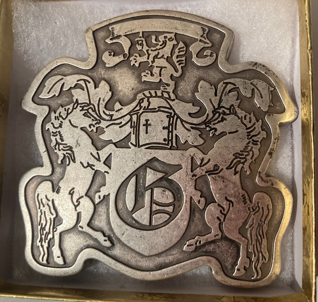 Vintage Metal Belt Buckle, Horses, Lions, Beer, Thick Metal, Nice Western Design, 3 1/4", x 3 1/4", Country and Western, Heavy Duty, Made in USA, Fashion, Belts, Shelf Display, Collectible Belt Buckle