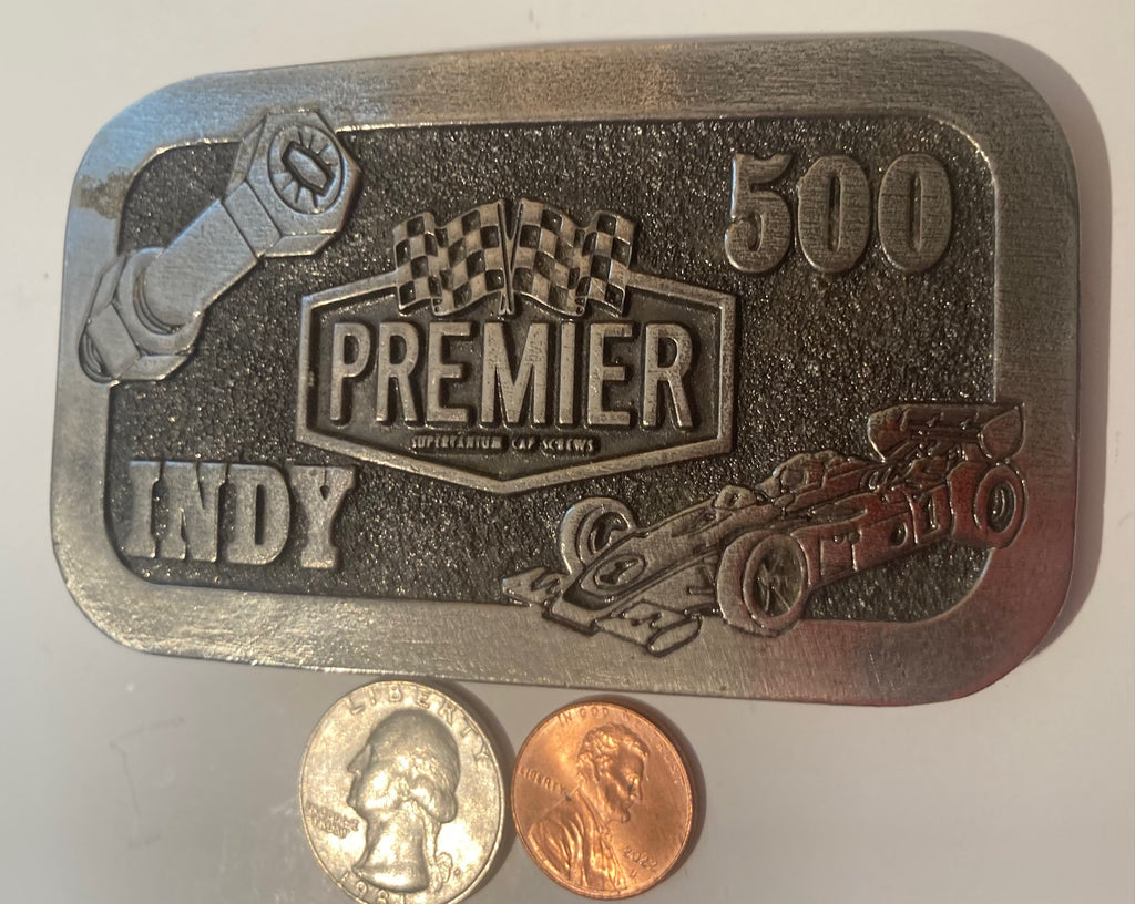 Vintage Metal Belt Buckle, Indy 500 Premier, Race Car Driving, Races, Indianapolis Motor Speedway, Nice Western Design,  4" x 2 1/2", Quality, Made in USA, Country and Western, Heavy Duty, Fashion, Belts, Shelf Display, Collectible Belt Buckle,