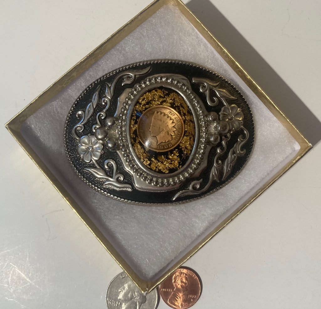 Vintage Metal Belt Buckle, 1906 Indian Coin Inside,  3 1/2" x 2 1/2", Quality, Made in USA, Country and Western, Heavy Duty, Fashion, Belts, Shelf Display, Collectible Belt Buckl