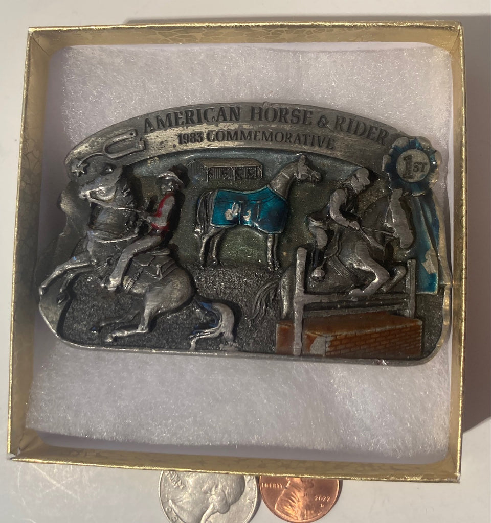 Vintage 1983 Metal Belt Buckle, American Horse & Rider, Nice Western Design,  3 1/2" x 2 1/4", Quality, Made in USA, Country and Western, Heavy Duty, Fashion, Belts, Shelf Display, Collectible Belt Buckle