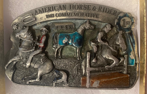 Vintage 1983 Metal Belt Buckle, American Horse & Rider, Nice Western Design,  3 1/2" x 2 1/4", Quality, Made in USA, Country and Western, Heavy Duty, Fashion, Belts, Shelf Display, Collectible Belt Buckle