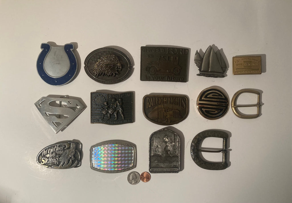 Vintage Lot of 14 Assorted Different Country and Western Wear Style Belt Buckles, Colts, Superman, Country & Western, Art, Resell, For Belts, Fashion, Shelf Display, Some May Need Work, Nice Belt Buckles, Wholesale