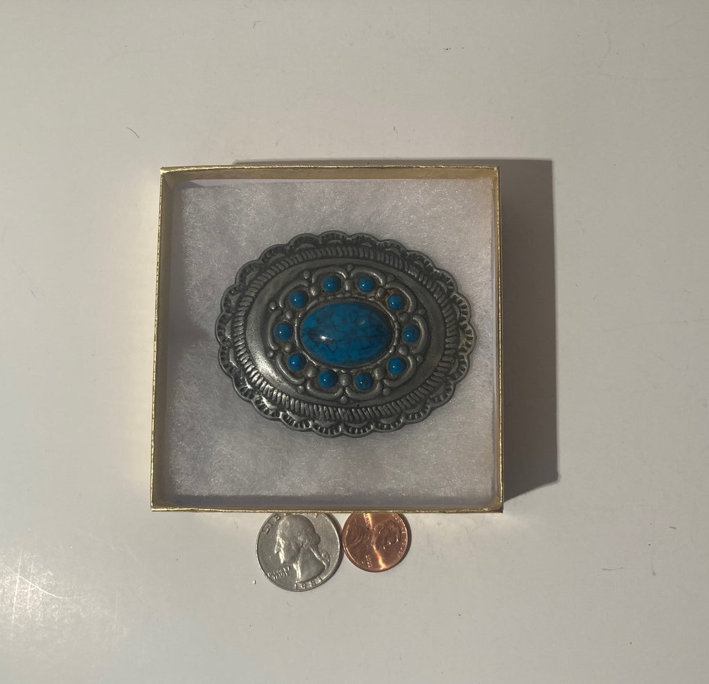 Vintage Metal Belt Buckle, Nice Blue Stones, Nice Western Design,  2 3/4" x 2 1/4", Quality, Made in USA, Country and Western, Heavy Duty, Fashion, Belts, Shelf Display, Collectible Belt Buckle