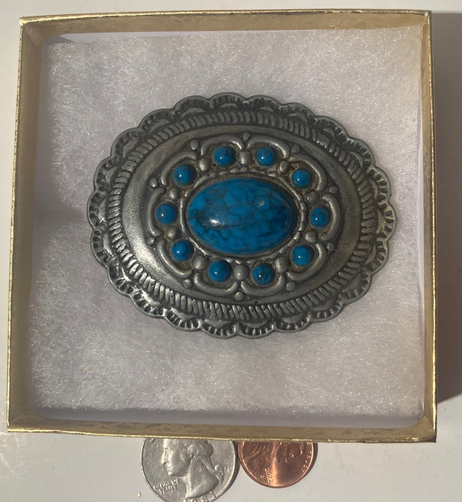 Vintage Metal Belt Buckle, Nice Blue Stones, Nice Western Design,  2 3/4" x 2 1/4", Quality, Made in USA, Country and Western, Heavy Duty, Fashion, Belts, Shelf Display, Collectible Belt Buckle