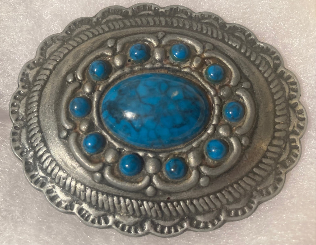 Vintage Metal Belt Buckle, Nice Blue Stones, Nice Western Design,  2 3/4" x 2 1/4", Quality, Made in USA, Country and Western, Heavy Duty, Fashion, Belts, Shelf Display, Collectible Belt Buckle