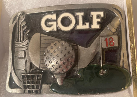 Vintage Metal Belt Buckle, Golf, Golfing, 9 Holes, 18 Holes, Nice Western Design,  3" x 2 1/4", Quality, Made in USA, Country and Western, Heavy Duty, Fashion, Belts, Shelf Display, Collectible Belt Buckle