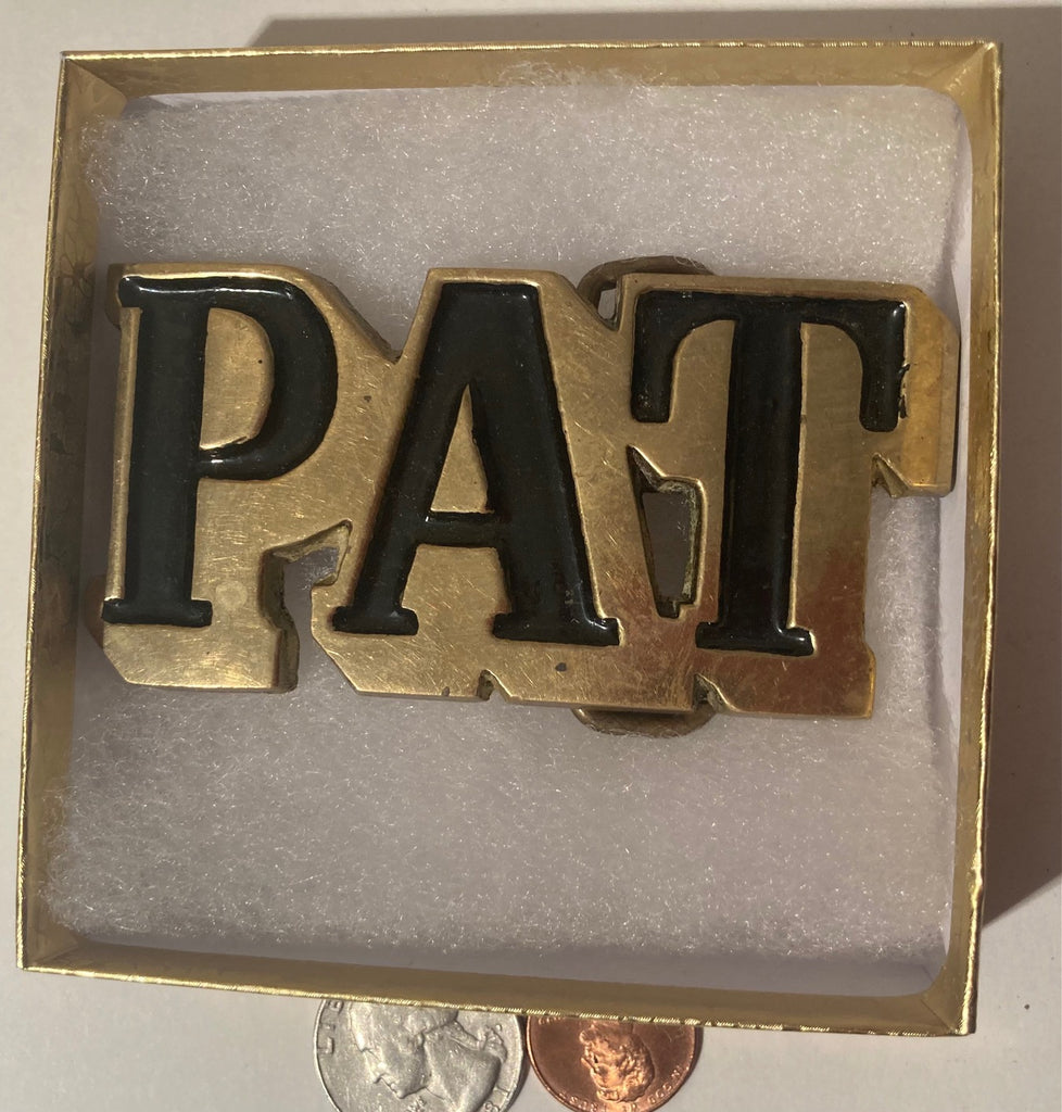 Vintage Metal Belt Buckle, Brass, Pat, Patrick, Patty, Name, Nice Western Design,  3 1/2" x 2", Quality, Made in USA, Country and Western, Heavy Duty, Fashion, Belts, Shelf Display, Collectible Belt Buckle