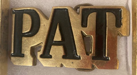 Vintage Metal Belt Buckle, Brass, Pat, Patrick, Patty, Name, Nice Western Design,  3 1/2" x 2", Quality, Made in USA, Country and Western, Heavy Duty, Fashion, Belts, Shelf Display, Collectible Belt Buckle