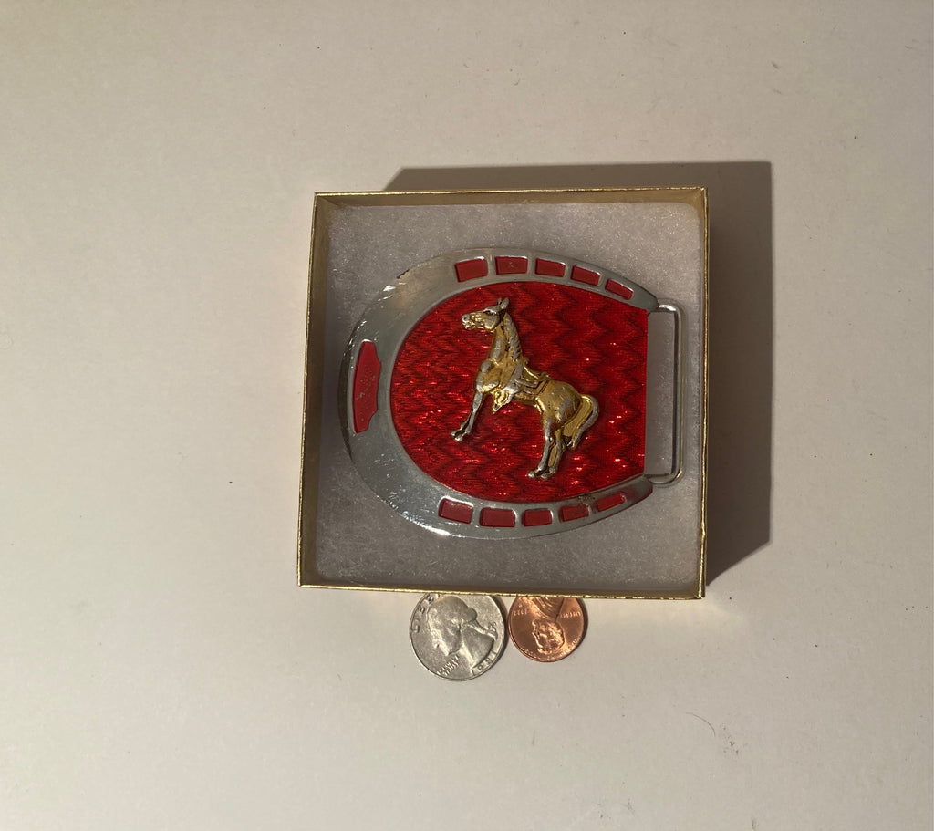 Vintage Metal Belt Buckle, Horseshoe, Horse, Red, Reflective, Nice Western Design,  3" x 2 3/4", Quality, Made in Japan, Country and Western, Heavy Duty, Fashion, Belts, Shelf Display, Collectible Belt Buckle