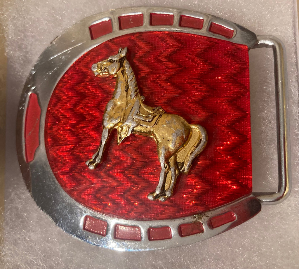 Vintage Metal Belt Buckle, Horseshoe, Horse, Red, Reflective, Nice Western Design,  3" x 2 3/4", Quality, Made in Japan, Country and Western, Heavy Duty, Fashion, Belts, Shelf Display, Collectible Belt Buckle