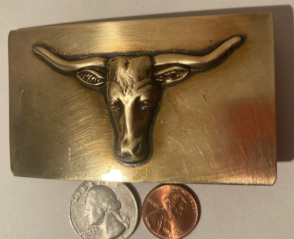 Vintage Metal Belt Buckle, Brass, Longhorn, Cattle, Steer, Cowboy, Rodeo, Nice Western Design,  3 1/2" x 2", Quality, Made in USA, Country and Western, Heavy Duty, Fashion, Belts, Shelf Display, Collectible Belt Buckle,