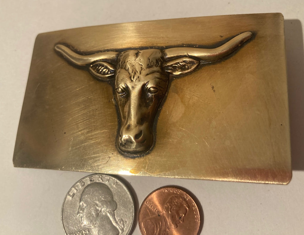Vintage Metal Belt Buckle, Brass, Longhorn, Cattle, Steer, Cowboy, Rodeo, Nice Western Design,  3 1/2" x 2", Quality, Made in USA, Country and Western, Heavy Duty, Fashion, Belts, Shelf Display, Collectible Belt Buckle,
