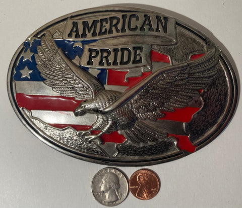 Vintage Metal Belt Buckle, Giant Size, American Pride, Nice Western Design,  5 1/2" x 4", Quality, Made in USA, Country and Western, Heavy Duty, Fashion, Belts, Shelf Display, Collectible Belt Buckle