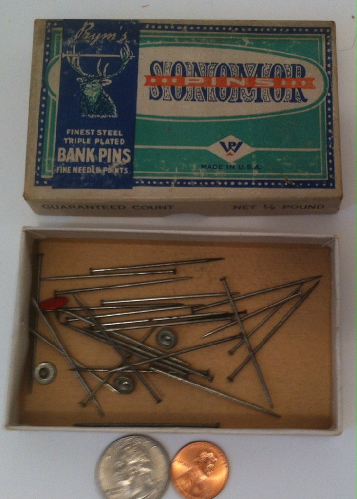 Vintage Original Box, Sonomor Pins, Finest Steel Triple Plated Bank Pins Boxs, only a few pins left, But the Box is Neat, Made in USA